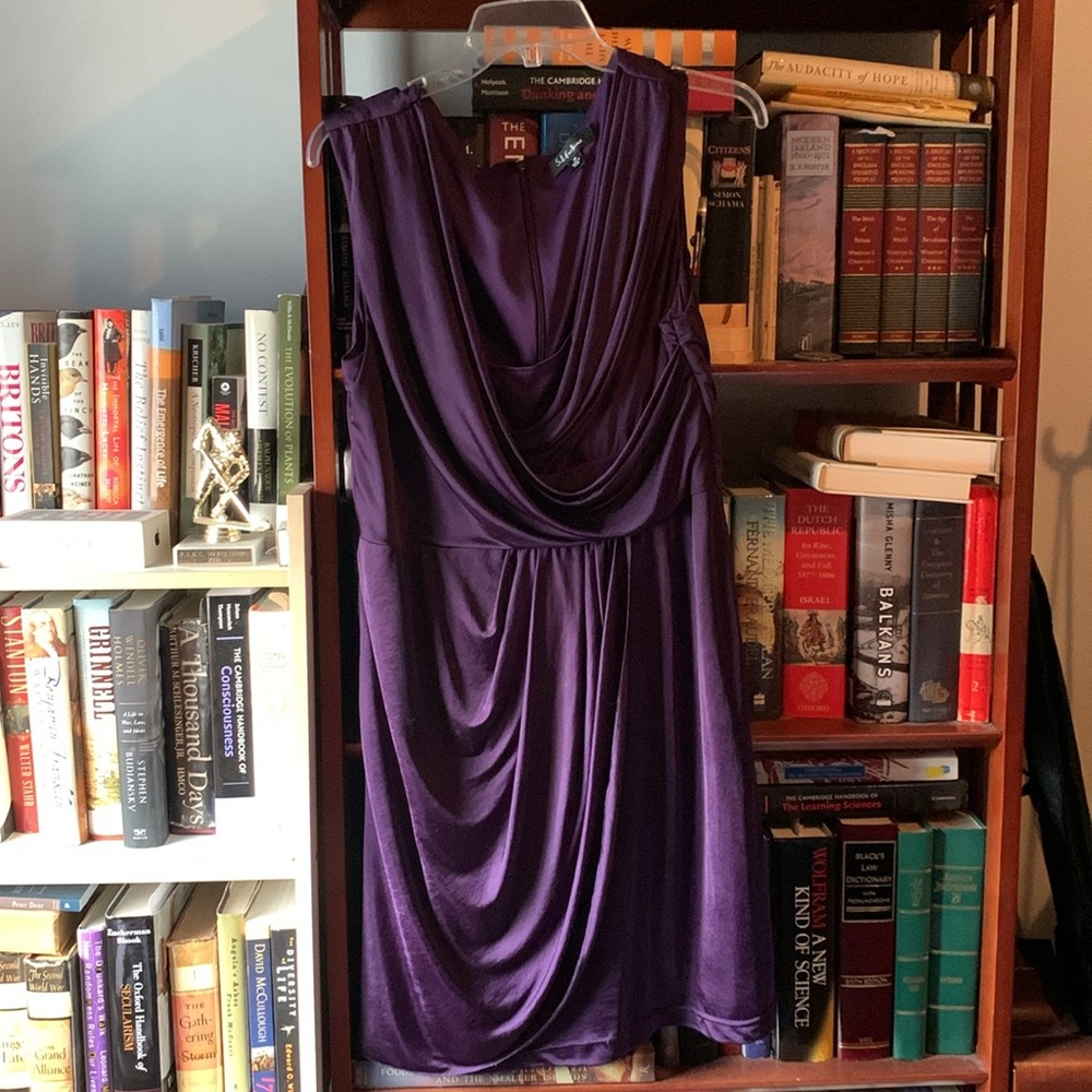 Size 14. Fully lined. Nice front drape with neckline underneath. Sleeveless.